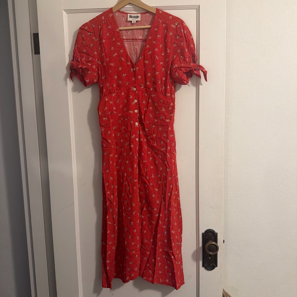 Rouje Coral-Red Floral Button Midi Dress with Tie Sleeves